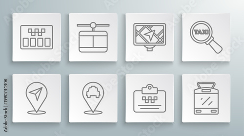 Set line Location, Cable car, with taxi, Taxi driver license, Tram and railway, Gps device map, Magnifying glass and Taximeter icon. Vector