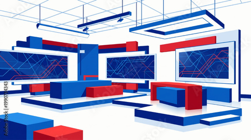Modern television news broadcast studio set with digital screens