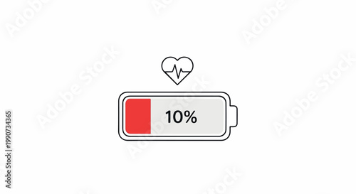 Low heart health indicator with a battery symbol showing only ten percent remaining