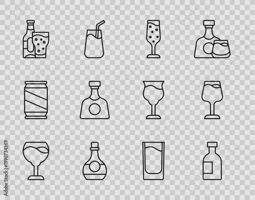 Set line Wine glass, Glass bottle of vodka, champagne, Bottle cognac or brandy, Beer, Tequila, Shot and icon. Vector