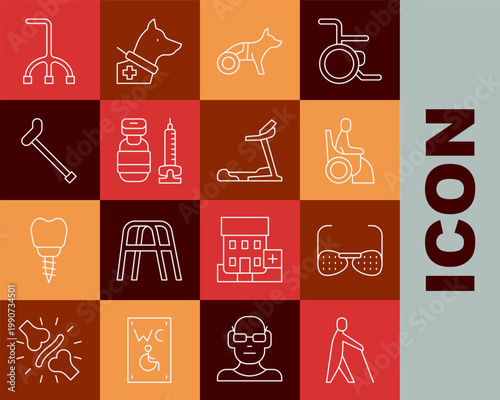 Set line Blind human holding stick, glasses, Woman wheelchair, Dog, Syringe, Walking cane, and Treadmill machine icon. Vector