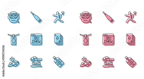 Set line Burning car, Car theft, Bandit, Whiskey bottle, Internet piracy, Playing cards, Money laundering and Bullet icon. Vector