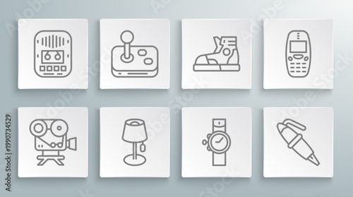 Set line Retro cinema camera, Joystick, Floor lamp, Wrist watch, Fountain pen nib, Sport sneakers, Old mobile phone and Cassette tape player icon. Vector
