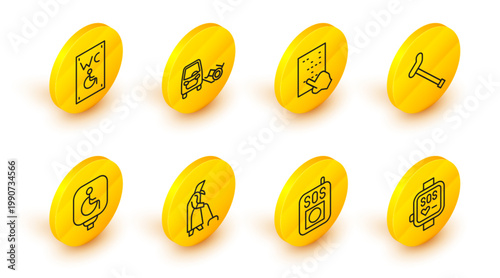 Set line Smart watch, Press the SOS button, Grandmother, Disabled wheelchair, Walking stick cane, Braille, car and Separated toilet for disabled icon. Vector
