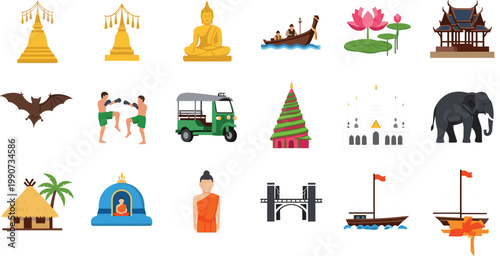 Cultural Icon Set Featuring Buddhist Temples, Elephants, Tuk-Tuks, Traditional Boats, and Other Asian Symbols