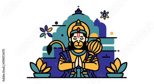 Celebrate Hanuman Jayanti with this devotional illustration of Lord Hanuman in prayer, a symbol of strength and devotion