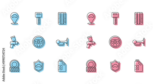 Set line Car tire wheel, with shield, Location car service, Canister for motor oil, Steering, Signal horn vehicle, Paint spray gun and key remote icon. Vector