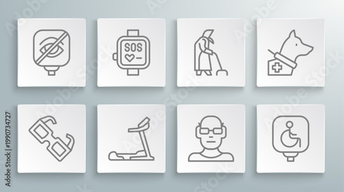Set line Eyeglasses, Smart watch, Treadmill machine, Poor eyesight, Disabled wheelchair, Grandmother, Guide dog and Blindness icon. Vector