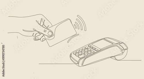 Hand holding card near payment terminal.