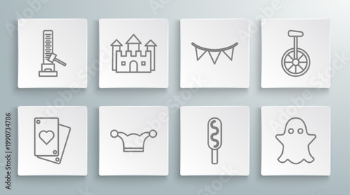 Set line Playing card, Castle, Jester hat with bells, Corn dog, Ghost, Carnival garland flags, Unicycle one wheel bicycle and High striker attraction big hammer icon. Vector