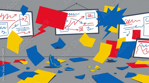 Exploding Business Meeting Chaos with Flying Papers and Charts.