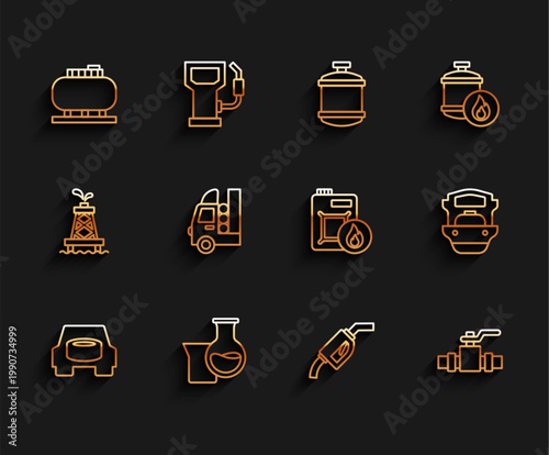 Set line Spare wheel in the car, Oil petrol test tube, tank storage, Gasoline pump nozzle, Metallic pipes and valve, for vehicle, tanker ship and Canister motor oil icon. Vector