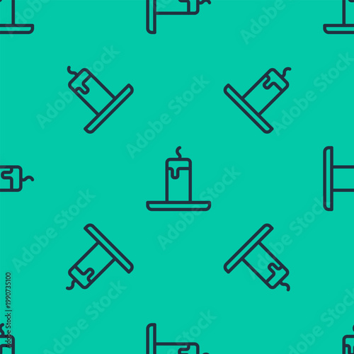 Blue line Burning candle icon isolated seamless pattern on green background. Cylindrical candle stick with burning flame. Vector
