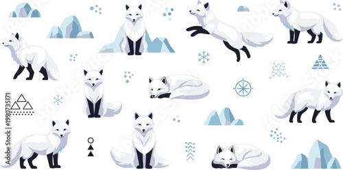 Arctic Fox Illustration Set with Winter Wildlife Animals in Snowy Environment Featuring Cute Cartoon Style for Nature Design, Seasonal Projects, Branding, and Creative Use.