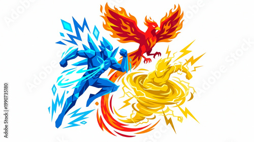 Fantasy elemental heroes with ice fire and lightning powers