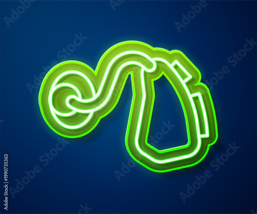 Glowing neon line Hearing aid icon isolated on blue background. Hearing and ear. Vector