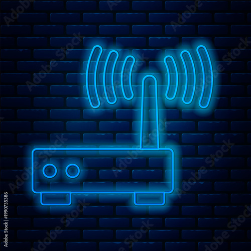 Glowing neon line Router and wi-fi signal icon isolated on brick wall background. Wireless ethernet modem router. Computer technology internet. Vector