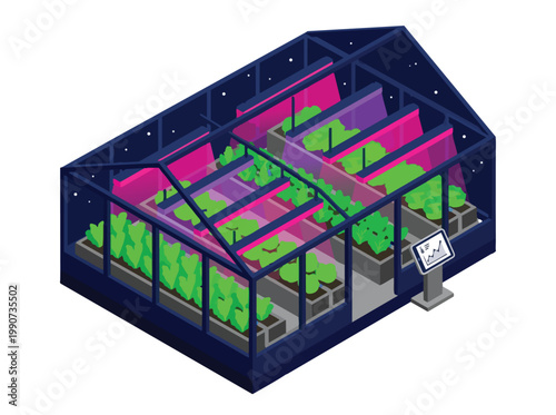 Isometric smart agriculture in a modern greenhouse with innovative lighting systems and digital monitoring