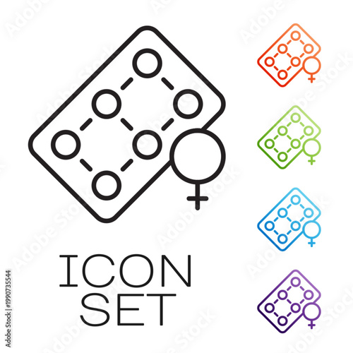 Black line Packaging of birth control pills icon isolated on white background. Contraceptive pill. Set icons colorful. Vector