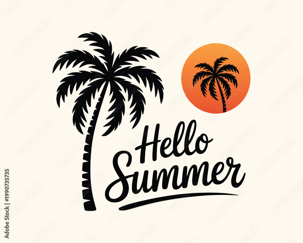 Obraz premium Hello summer greeting with palm tree and sun, an inviting graphic for seasonal and travel designs.
