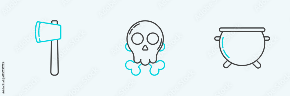 Fototapeta premium Set line Halloween witch cauldron, Wooden axe and Skull crossbones icon. Vector