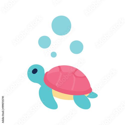 Playful sea turtle swims with bubbles in the ocean in a cute vector illustration