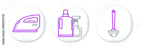 Set line Toilet brush, Electric iron and Plastic bottles for liquid dishwashing liquid icon. Vector