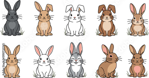 Large collection of cute cartoon rabbit characters with different fur colors and ear shapes sitting on green grass vector illustration.
