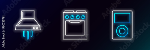 Set line Music player, Kitchen extractor fan and Oven icon. Glowing neon. Vector