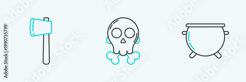 Set line Halloween witch cauldron, Wooden axe and Skull crossbones icon. Vector