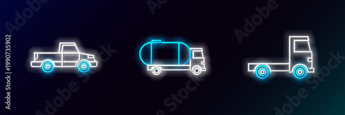 Set line Delivery cargo truck vehicle, Pickup and Tanker icon. Glowing neon. Vector