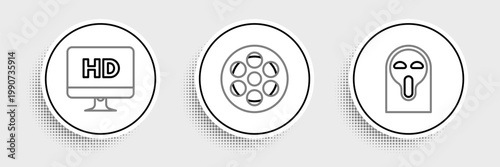 Set line Funny and scary ghost mask, Computer PC monitor with HD video technology and Film reel icon. Vector