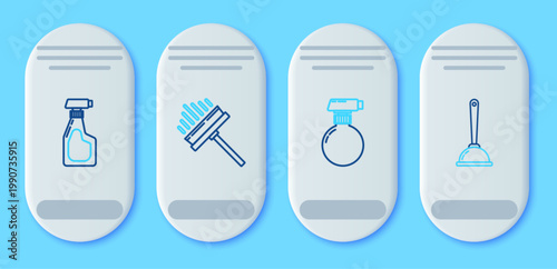 Set line Squeegee, scraper, wiper, Cleaning spray bottle with detergent liquid and Toilet plunger icon. Vector