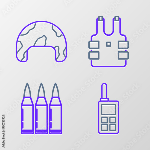 Set line Walkie talkie, Bullet, Bulletproof vest for protection from bullets and Military helmet icon. Vector