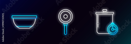 Set line Cooking pot and kitchen timer, Bowl and Frying pan icon. Glowing neon. Vector