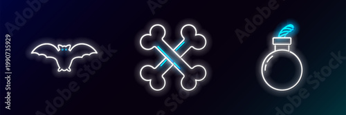 Set line Bomb ready to explode, Flying bat and Crossed bones icon. Glowing neon. Vector