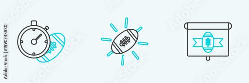 Set line American football on tv program, Football and stopwatch and icon. Vector