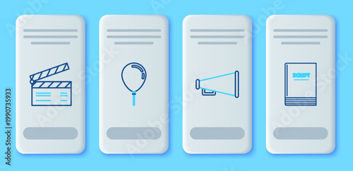 Set line Balloon with ribbon, Megaphone, Movie clapper and Scenario icon. Vector