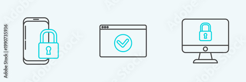Set line Lock on computer monitor screen, Smartphone with closed padlock and Secure your site HTTPS, SSL icon. Vector