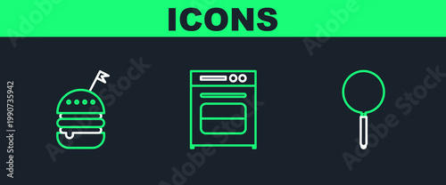 Set line Frying pan, Burger and Oven icon. Vector