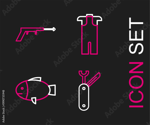 Set line Swiss army knife, Fish, Wetsuit for scuba diving and Fishing harpoon icon. Vector