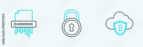 Set line Cloud and shield, Paper shredder confidential and Lock icon. Vector