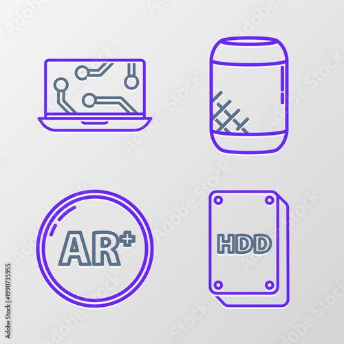 Set line Hard disk drive HDD, Ar, augmented reality, Voice assistant and Laptop icon. Vector