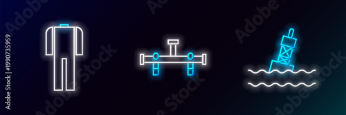 Set line Floating buoy on the sea, Wetsuit for scuba diving and Manifold icon. Glowing neon. Vector