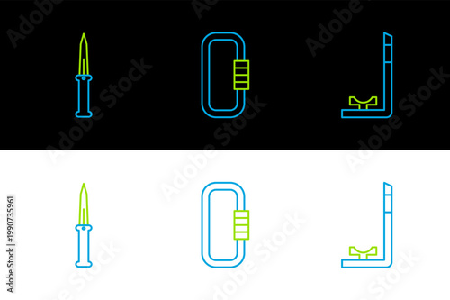 Set line Snorkel, Army knife and Carabiner icon. Vector