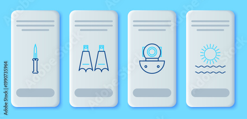 Set line Rubber flippers for swimming, Aqualung, Army knife and Sun and waves icon. Vector