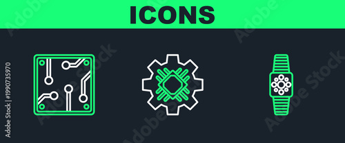 Set line Smartwatch, Processor and icon. Vector