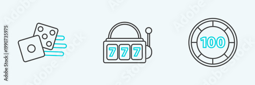 Set line Casino chips, Game dice and Slot machine with lucky sevens jackpot icon. Vector