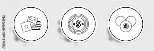 Set line Billiard pool snooker 8 ball, Game dice and Casino chip with dollar icon. Vector