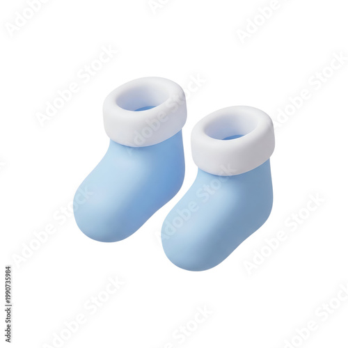 Minimalist blue baby booties 3d icon featuring smooth white rolled cuffs for infant clothing brand promotional